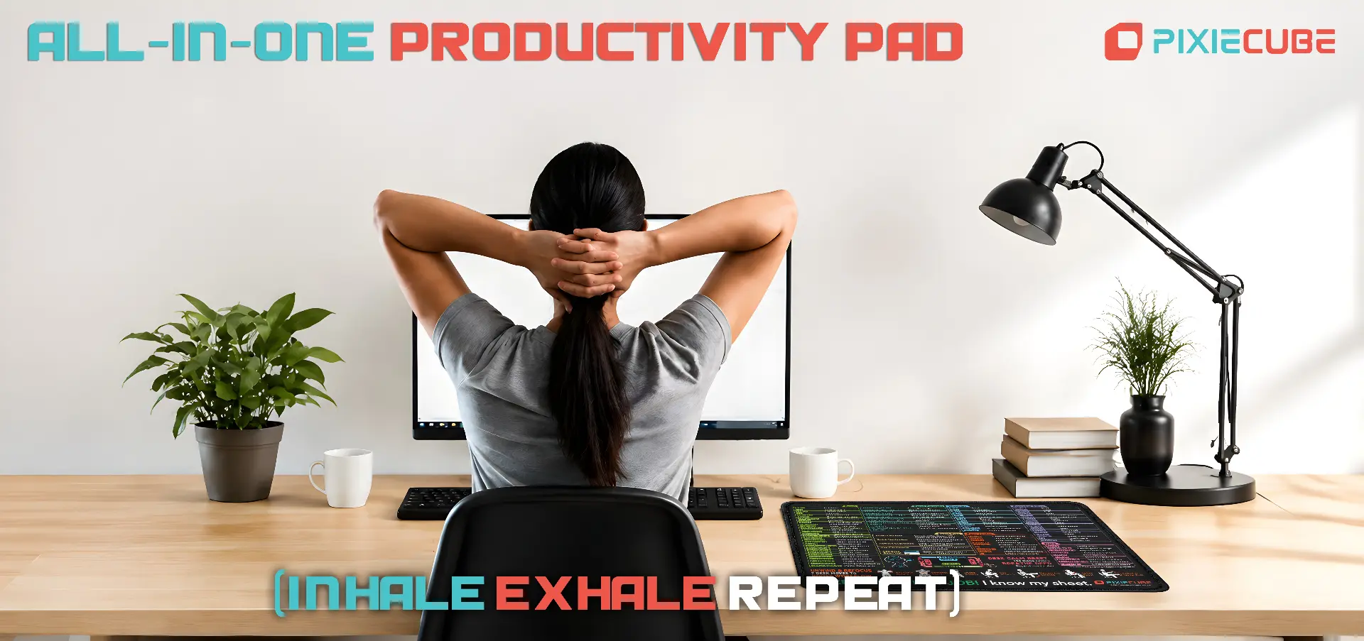 All-in-one Pixiecube productivity pad on a bright wooden desk setup