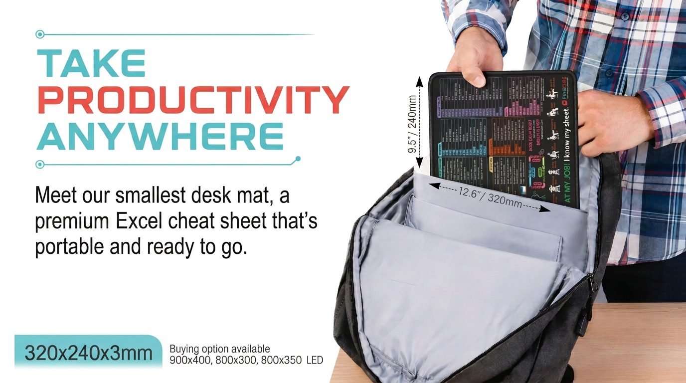 Take productivity anywhere — premium Excel cheat sheet desk pad sliding into a backpack